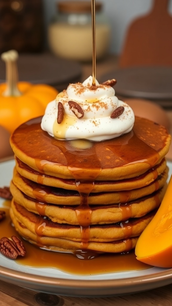 Pumpkin Pancakes Recipe Fluffy pumpkin pancakes stacked with maple syrup and whipped cream, garnished with pecans.